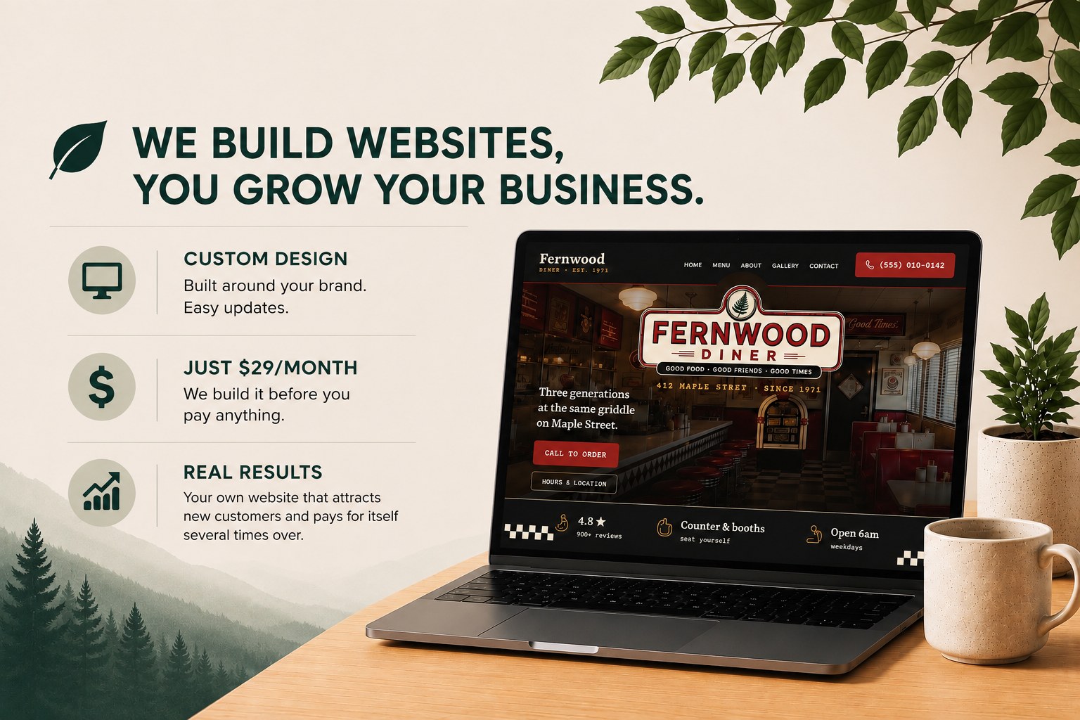 We build websites, you grow your business. Custom design built around your brand, easy updates. Just $29/month — we build it before you pay anything. Real results: your own website that attracts new customers and pays for itself.